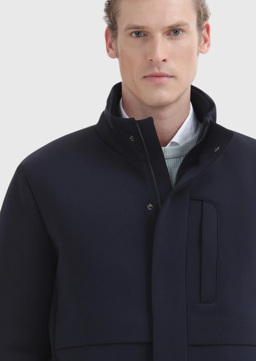 Lacivert Regular Fit Kapüşonlu Casual Dokuma Mont - 3