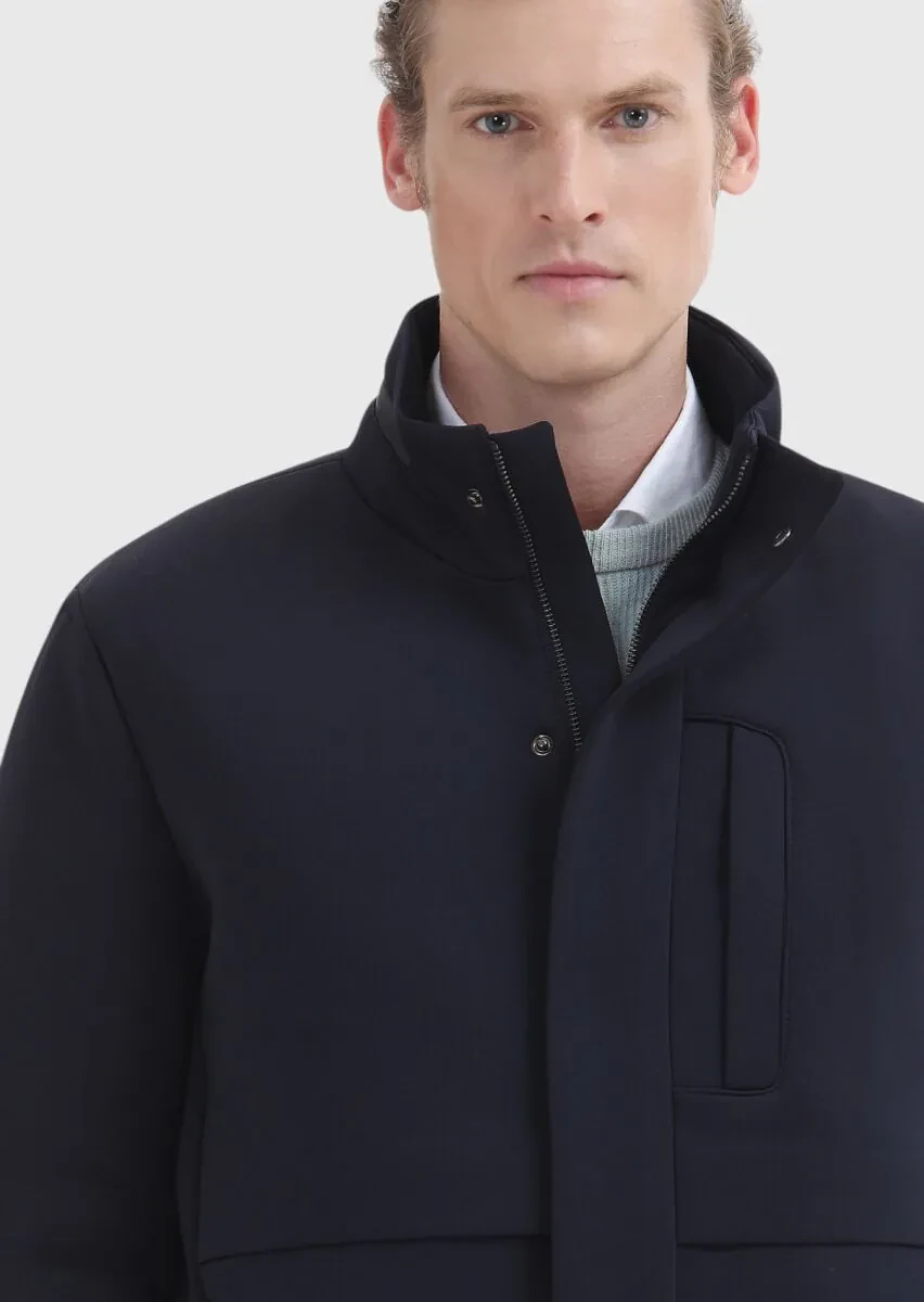 Lacivert Regular Fit Kapüşonlu Casual Dokuma Mont - 3