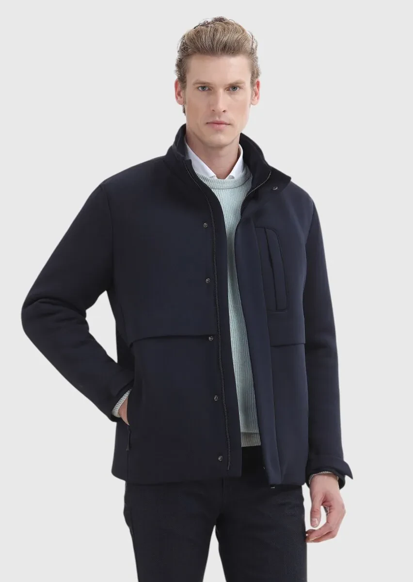 Lacivert Regular Fit Kapüşonlu Casual Dokuma Mont - 4