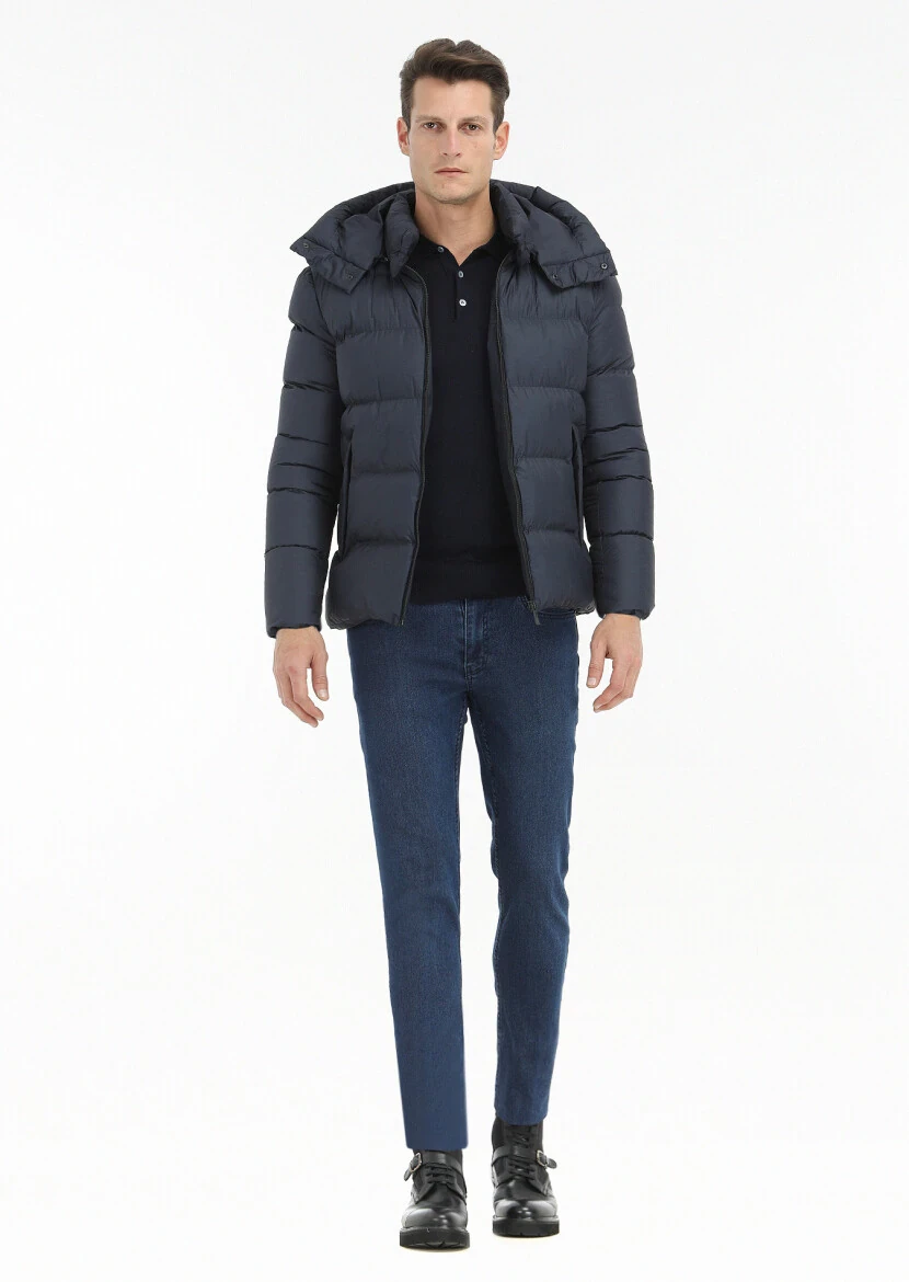 Lacivert Regular Fit Kapüşonlu Casual Dokuma Mont - 1