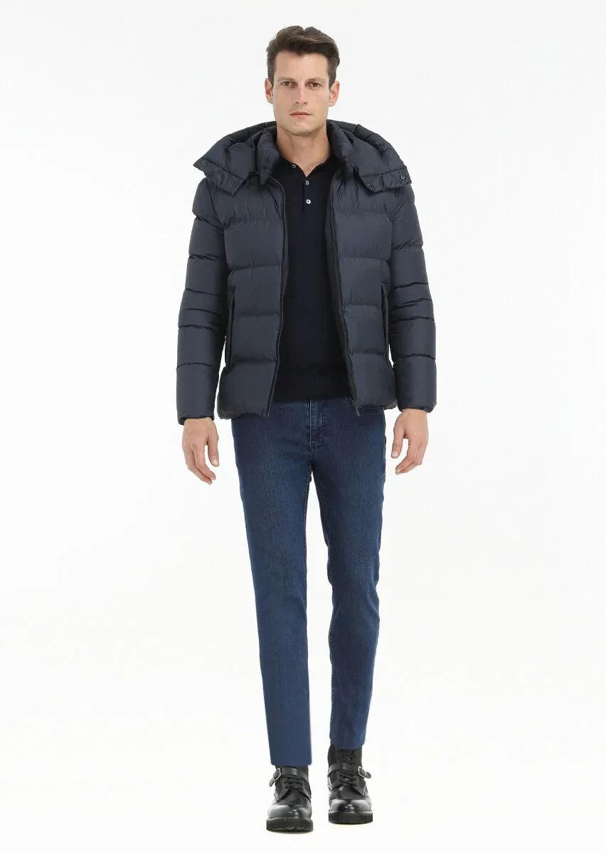 Lacivert Regular Fit Kapüşonlu Casual Dokuma Mont - 1