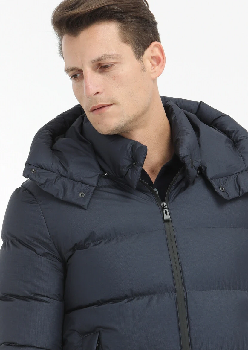 Lacivert Regular Fit Kapüşonlu Casual Dokuma Mont - 3