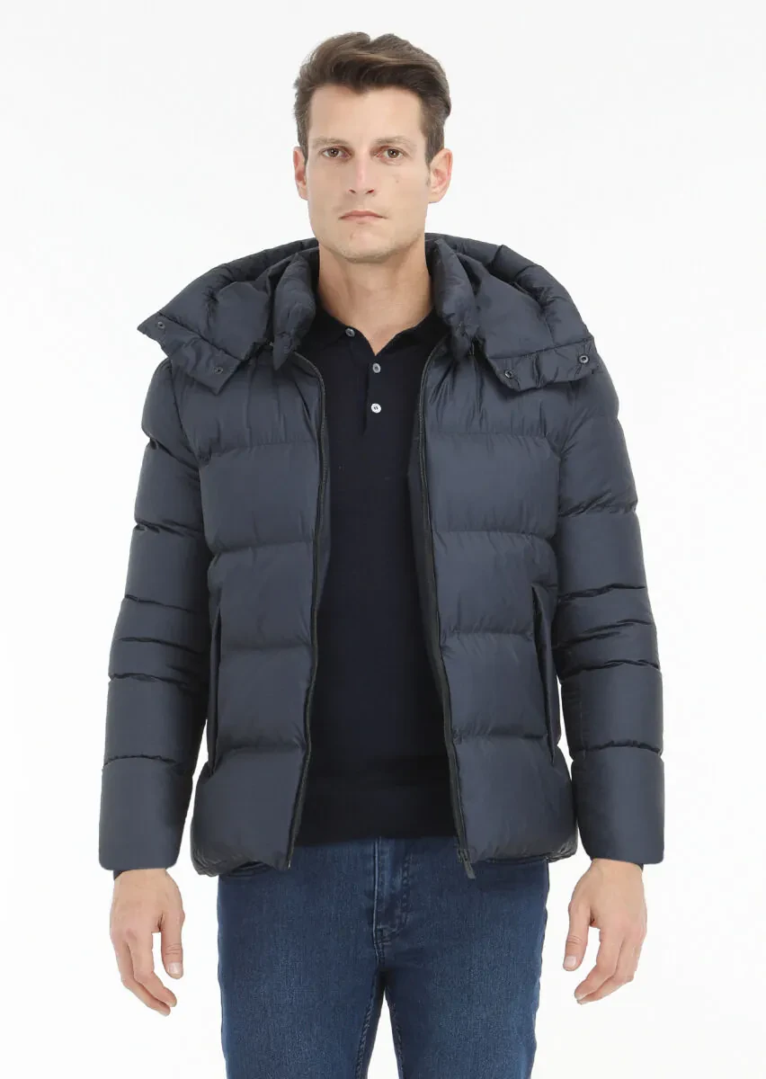 Lacivert Regular Fit Kapüşonlu Casual Dokuma Mont - 4