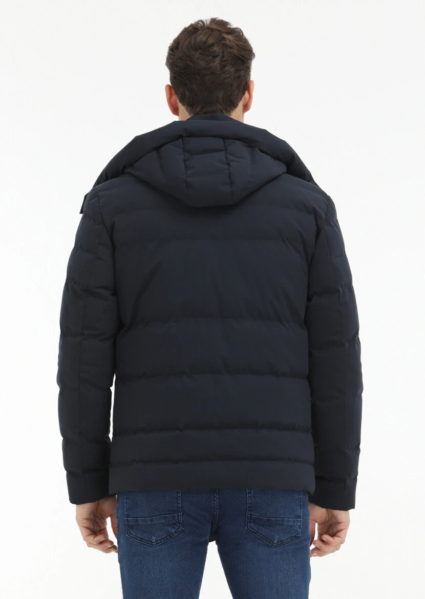 Lacivert Regular Fit Kapüşonlu Casual Dokuma Mont - 5