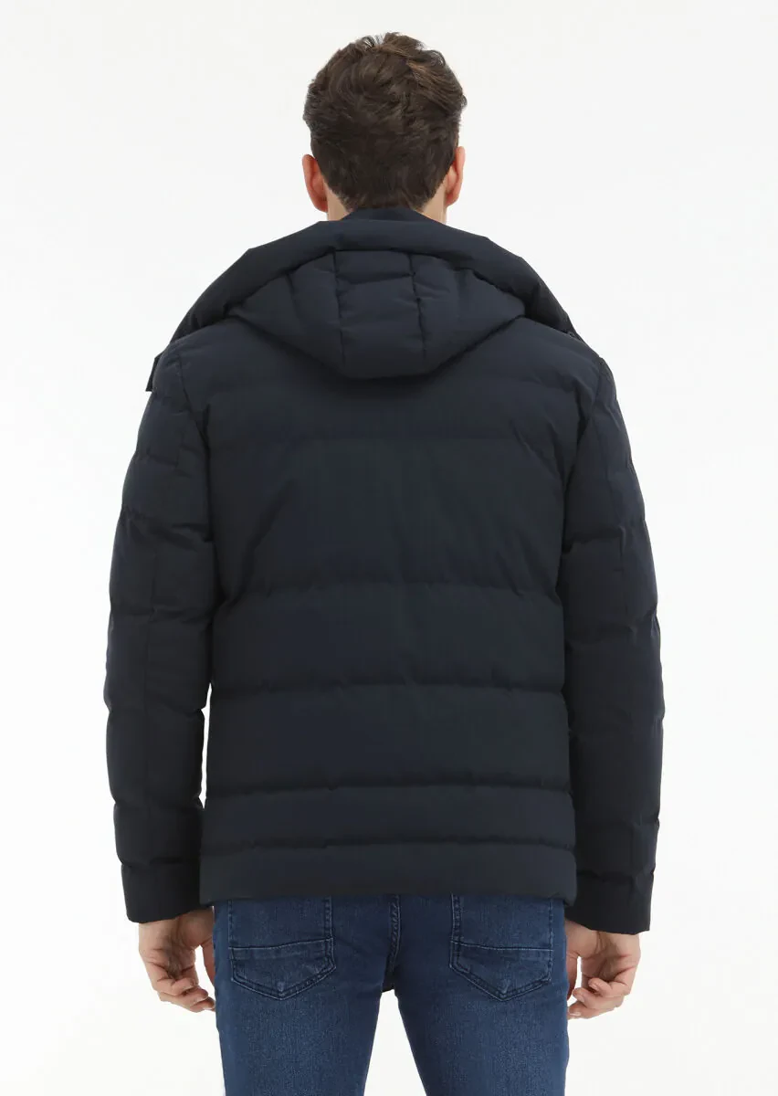 Lacivert Regular Fit Kapüşonlu Casual Dokuma Mont - 5