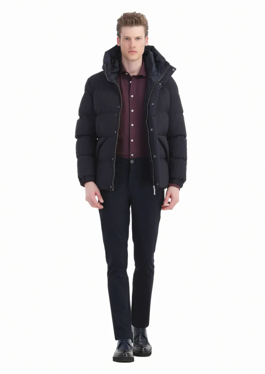 Lacivert Regular Fit Kapüşonlu Casual Dokuma Mont - 2