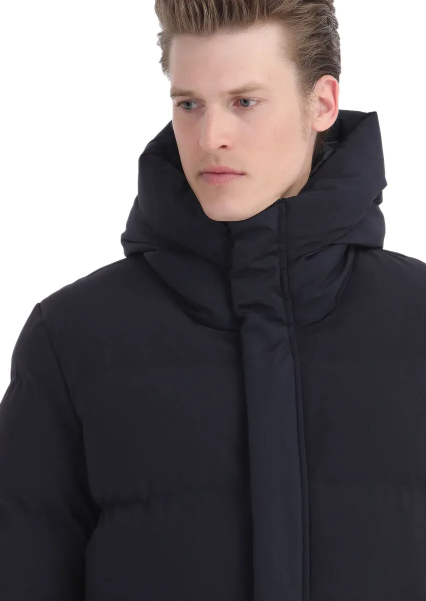 Lacivert Regular Fit Kapüşonlu Casual Dokuma Mont - 4