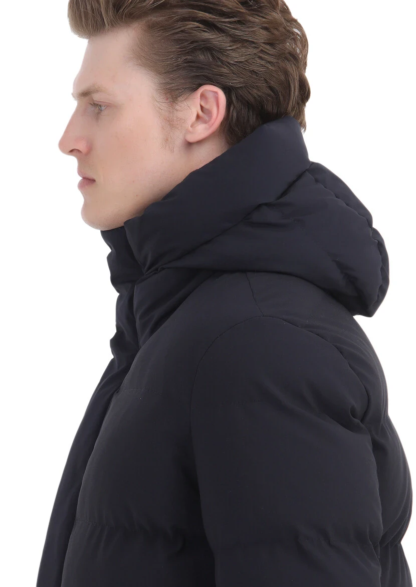 Lacivert Regular Fit Kapüşonlu Casual Dokuma Mont - 5