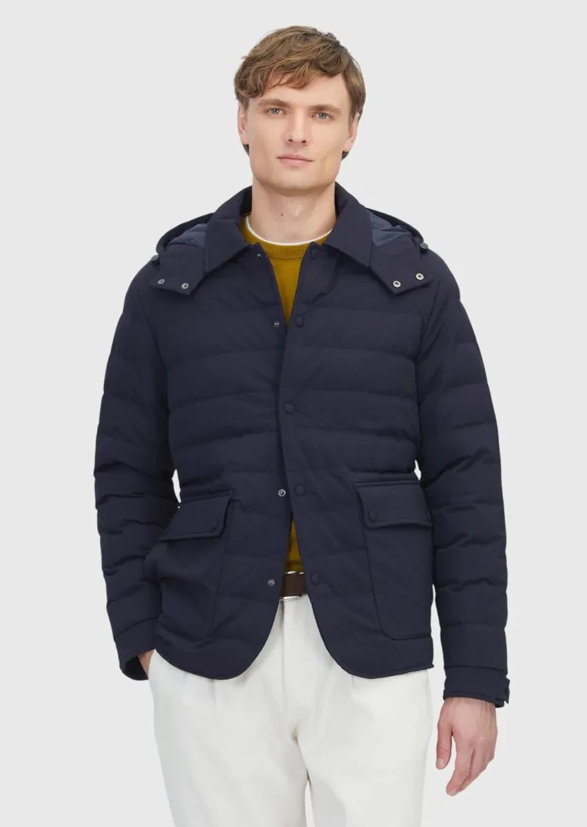 Lacivert Regular Fit Kapüşonlu Casual Dokuma Mont - 1