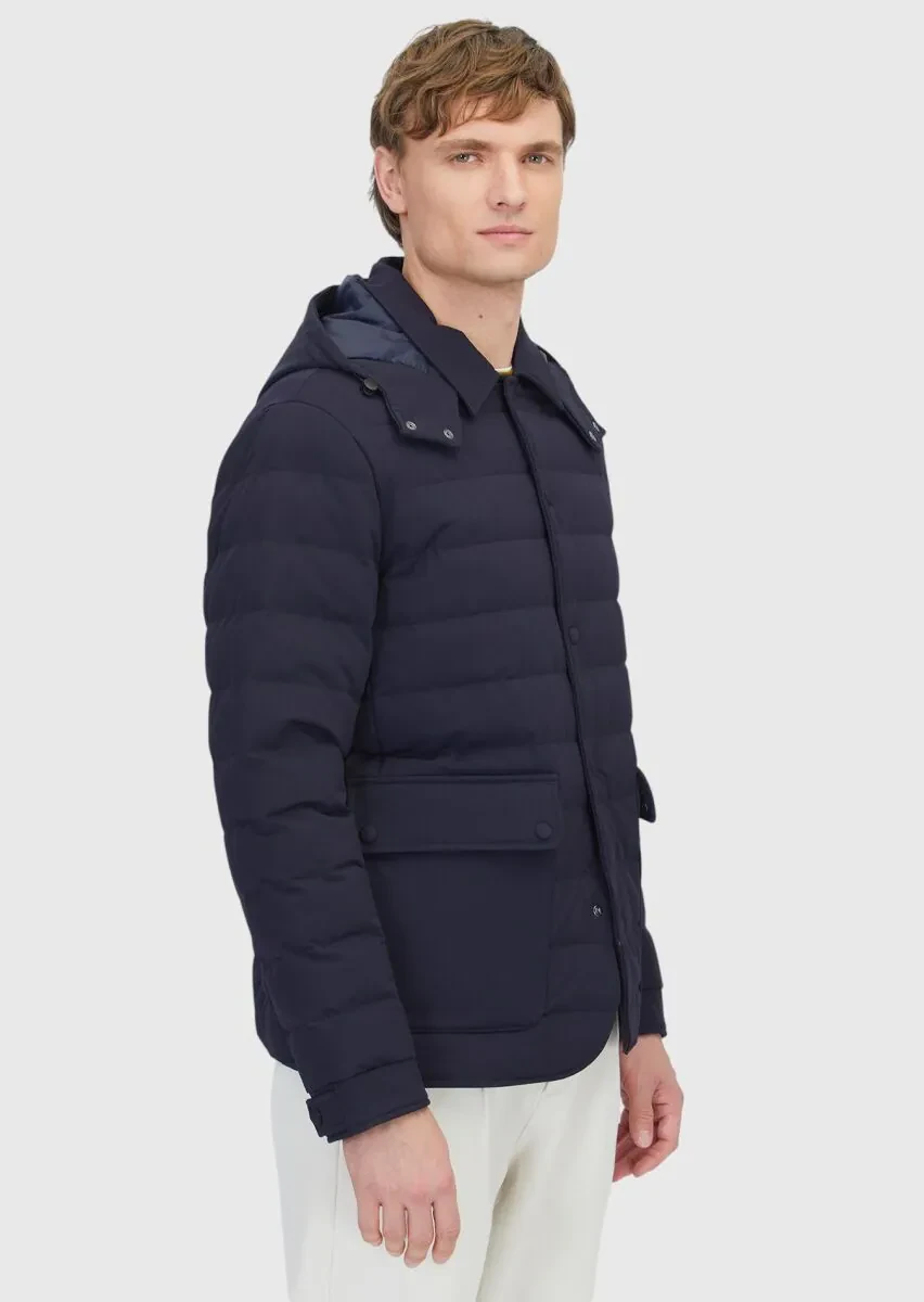 Lacivert Regular Fit Kapüşonlu Casual Dokuma Mont - 3
