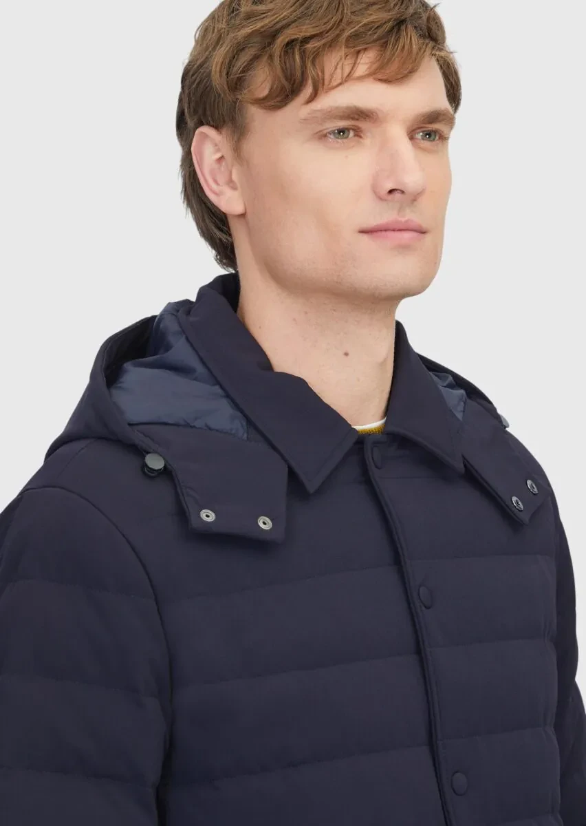 Lacivert Regular Fit Kapüşonlu Casual Dokuma Mont - 4