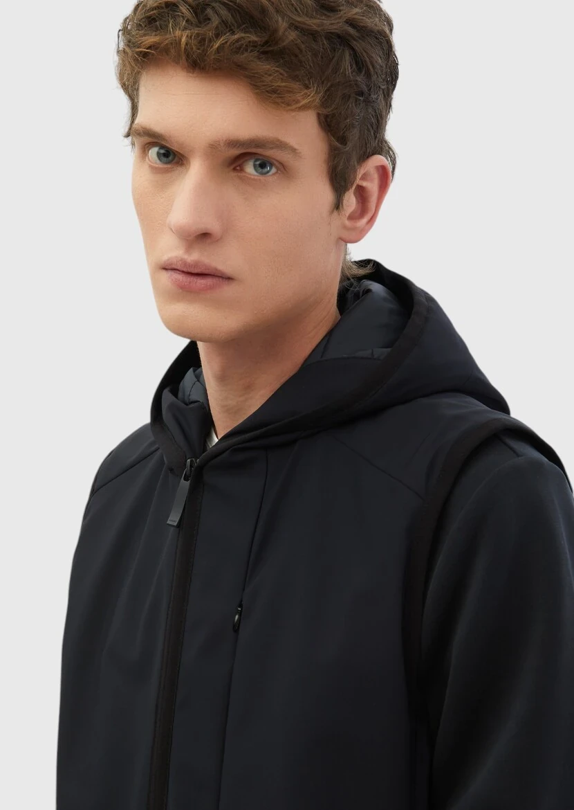 Lacivert Regular Fit Kapüşonlu Casual Dokuma Spor Yelek - 4