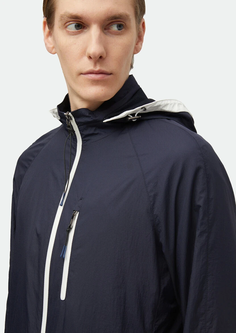 Lacivert Regular Fit Kapüşonlu Denim Dokuma Mont - 5