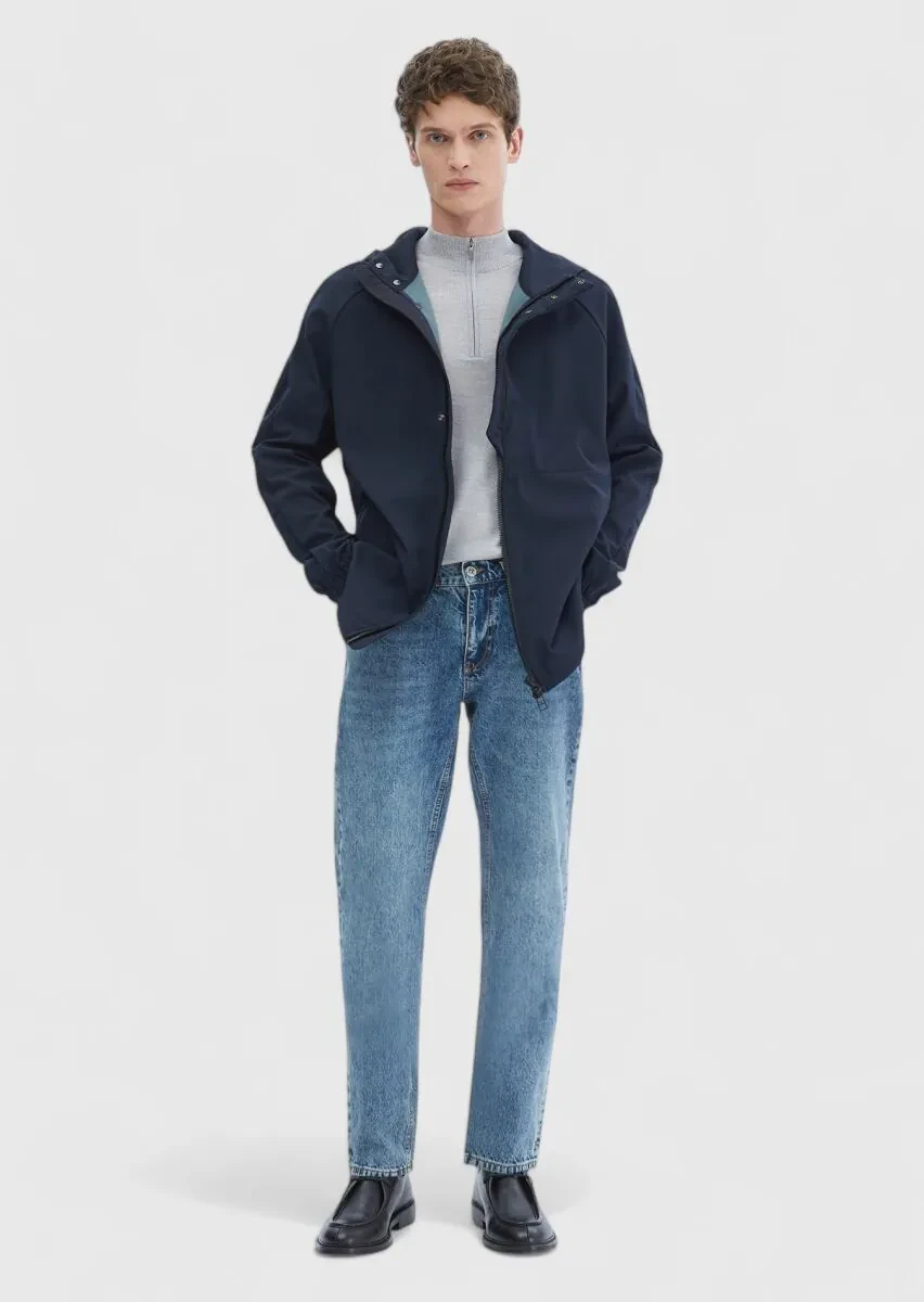 Lacivert Regular Fit Kapüşonlu Denim Dokuma Mont - 2