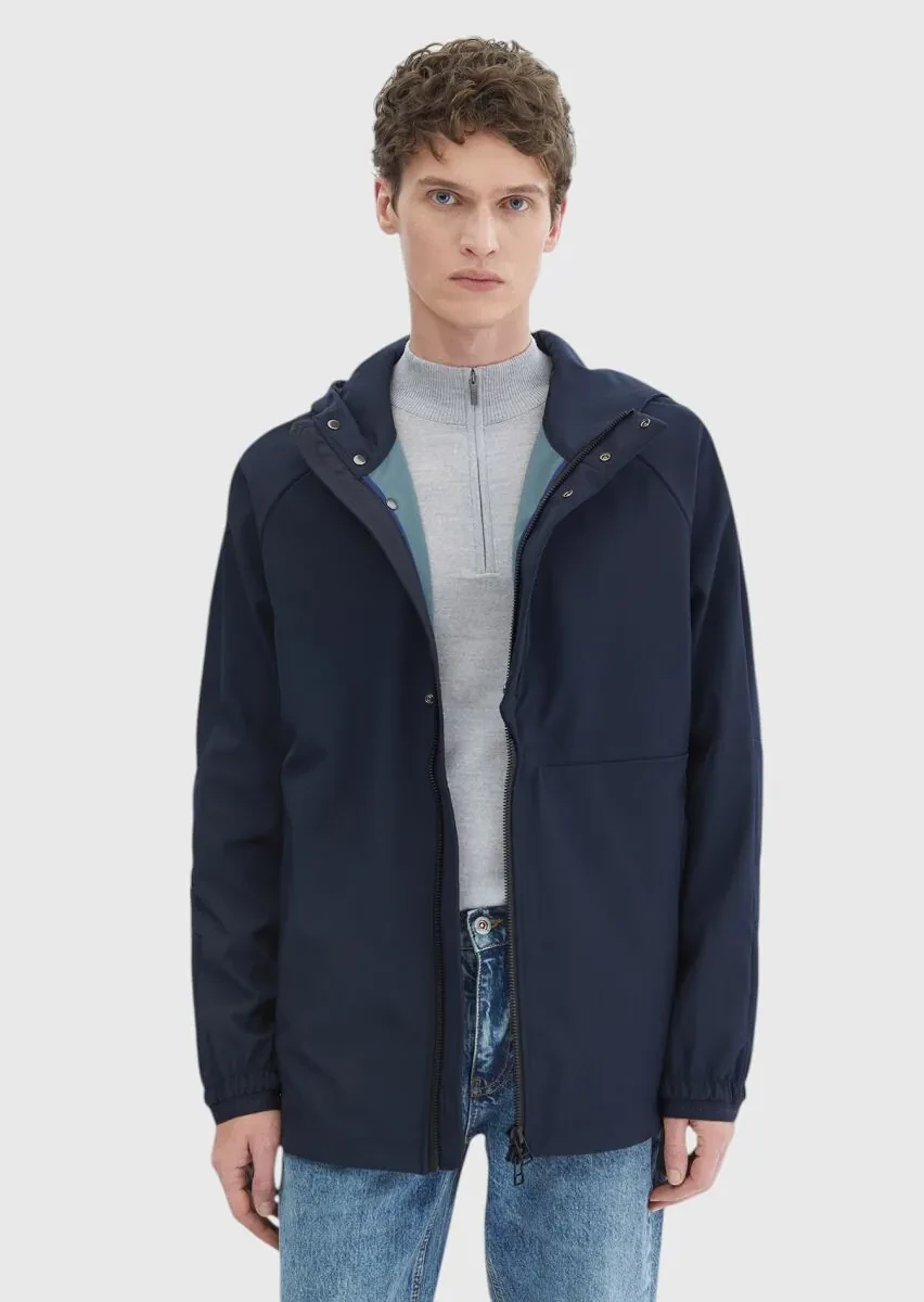 Lacivert Regular Fit Kapüşonlu Denim Dokuma Mont - 3