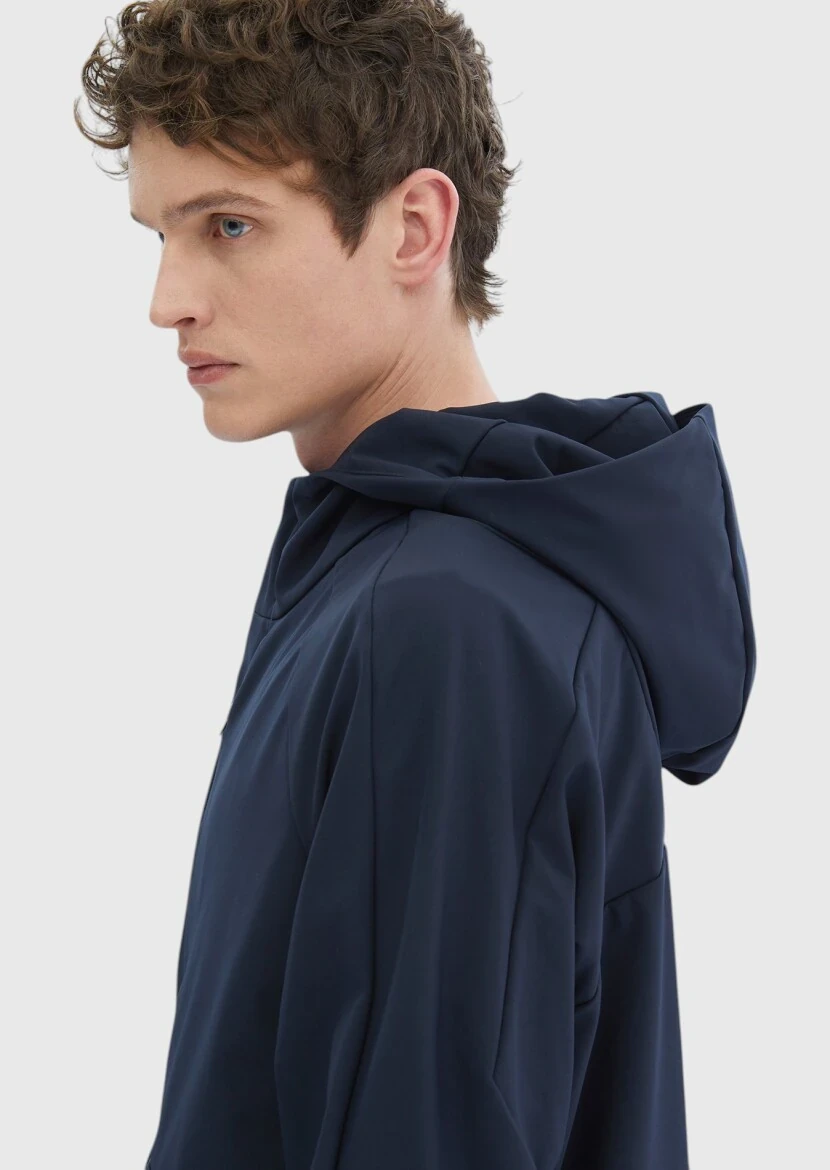 Lacivert Regular Fit Kapüşonlu Denim Dokuma Mont - 5