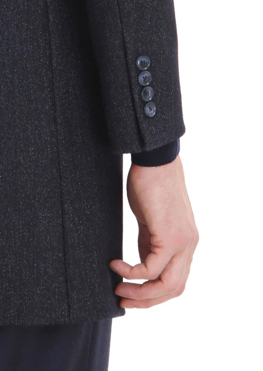 Lacivert Regular Fit Kelebek Yaka Casual Dokuma Palto - 5