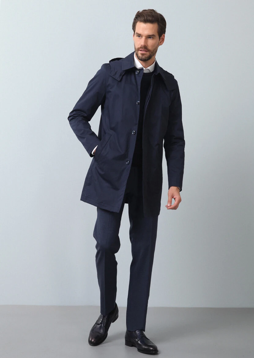 Lacivert Regular Fit Kelebek Yaka Casual Dokuma Pardesü - 4