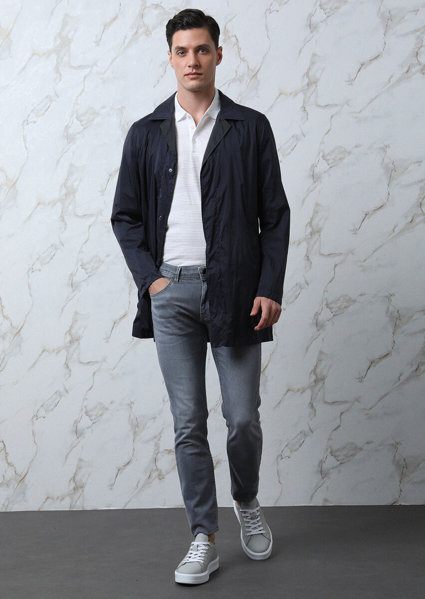 Lacivert Regular Fit Kelebek Yaka Casual Dokuma Pardesü - 1