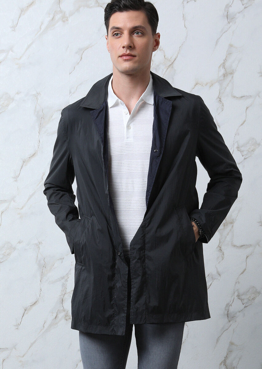 Lacivert Regular Fit Kelebek Yaka Casual Dokuma Pardesü - 2