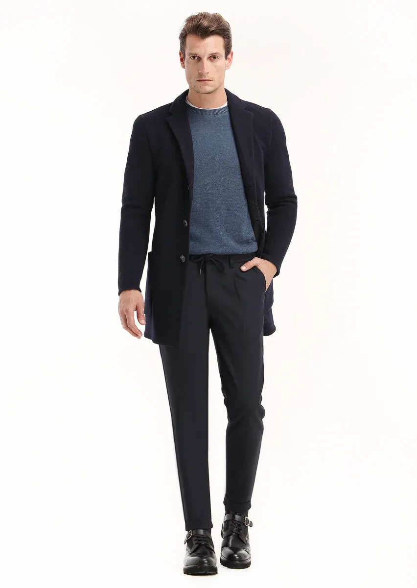 Lacivert Regular Fit Kelebek Yaka Casual Örme Palto - 1