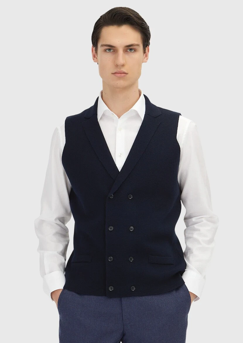 Lacivert Regular Fit Kelebek Yaka Casual Örme Triko Yelek - 1