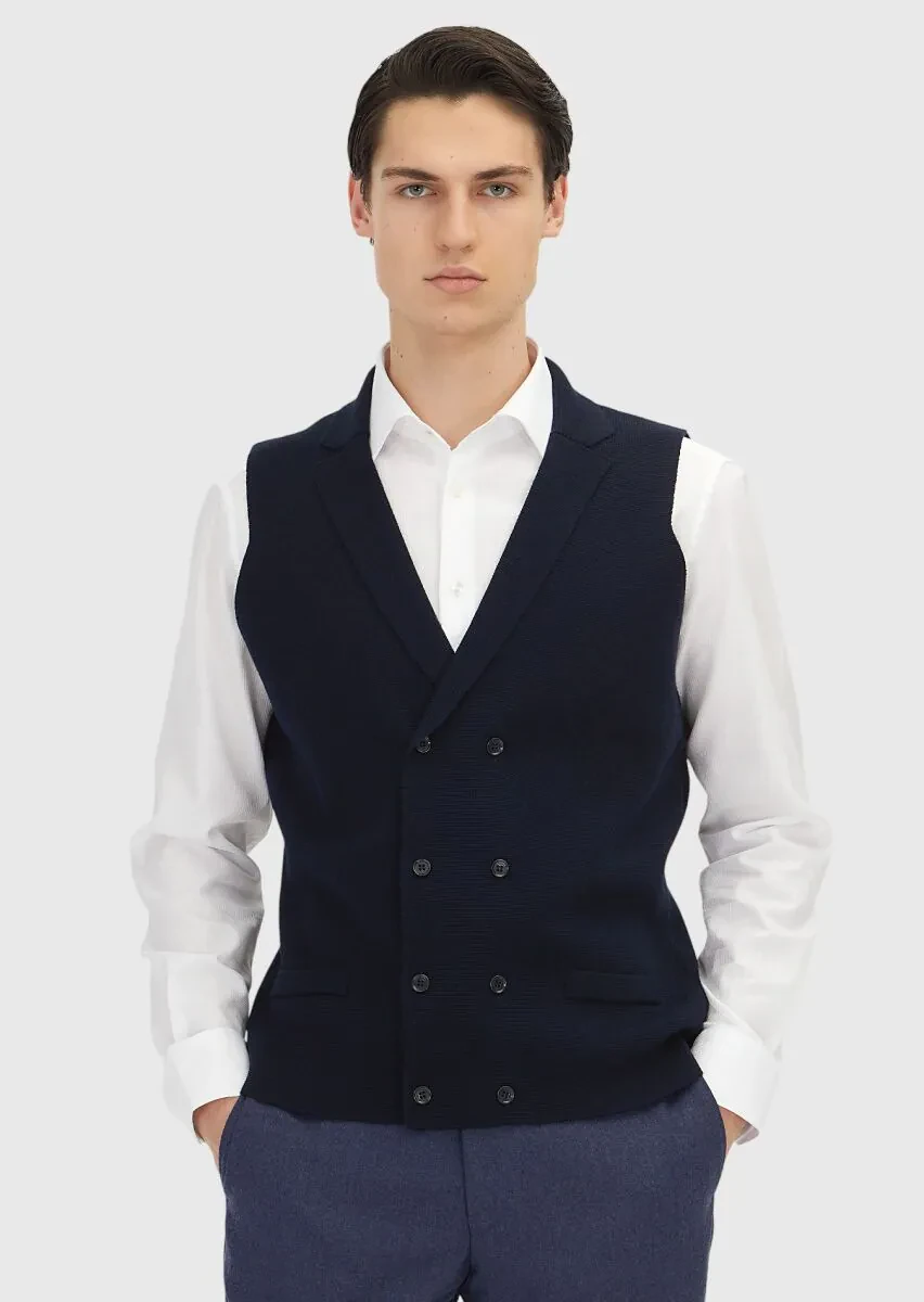 Lacivert Regular Fit Kelebek Yaka Casual Örme Triko Yelek - 1