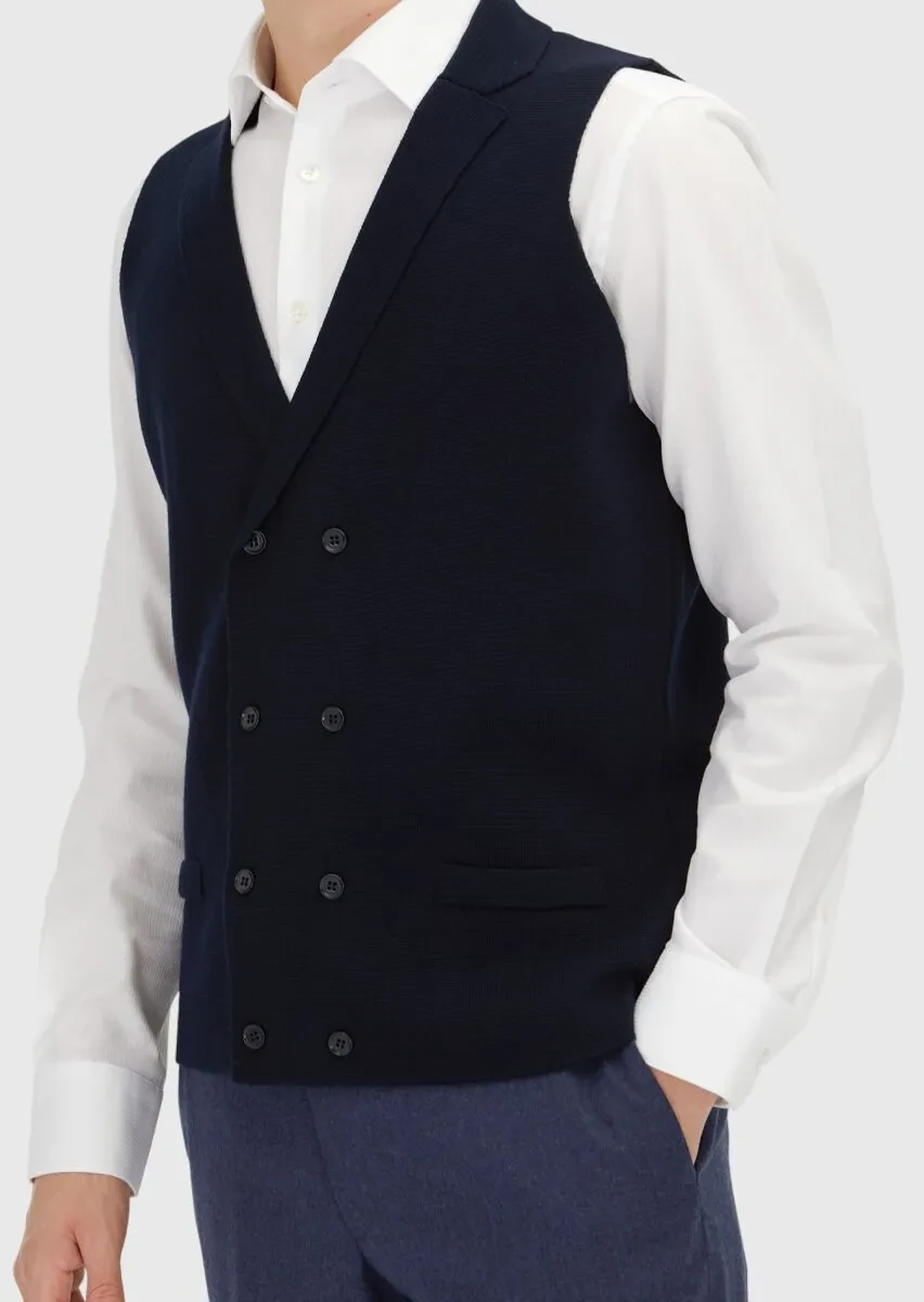 Lacivert Regular Fit Kelebek Yaka Casual Örme Triko Yelek - 3