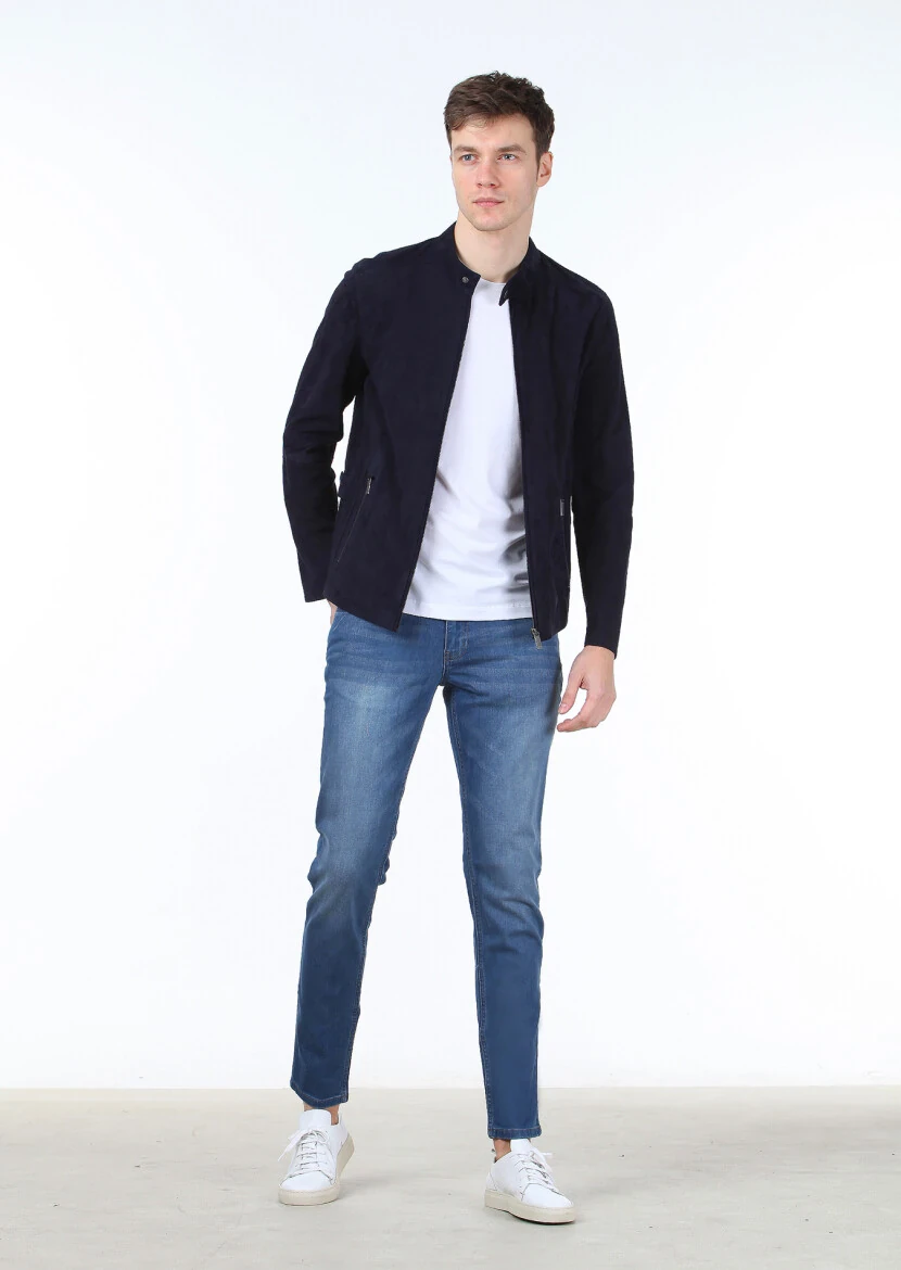 Lacivert Regular Fit Kelebek Yaka Casual Süet Deri Mont - 2