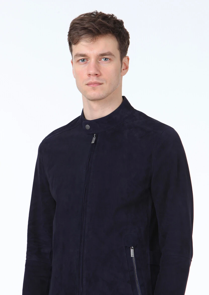 Lacivert Regular Fit Kelebek Yaka Casual Süet Deri Mont - 3