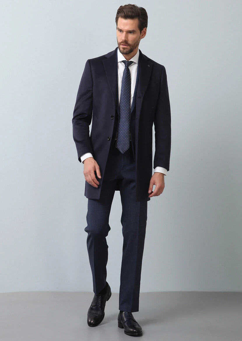 Lacivert Regular Fit Kelebek Yaka Klasik Dokuma Palto - 1