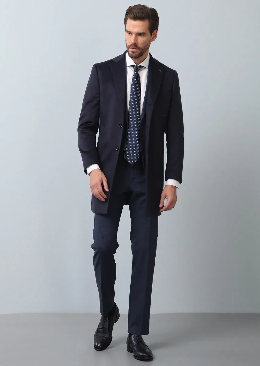 Lacivert Regular Fit Kelebek Yaka Klasik Dokuma Palto - 2