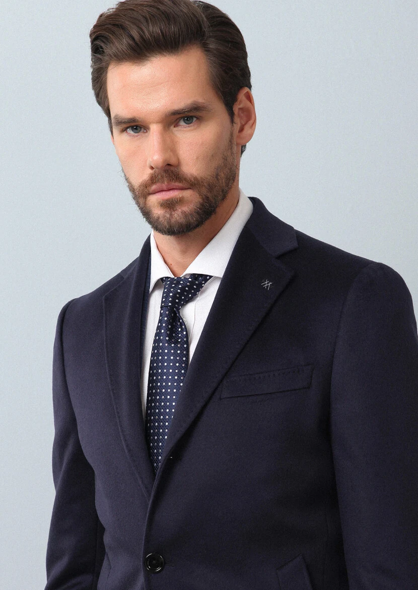 Lacivert Regular Fit Kelebek Yaka Klasik Dokuma Palto - 4