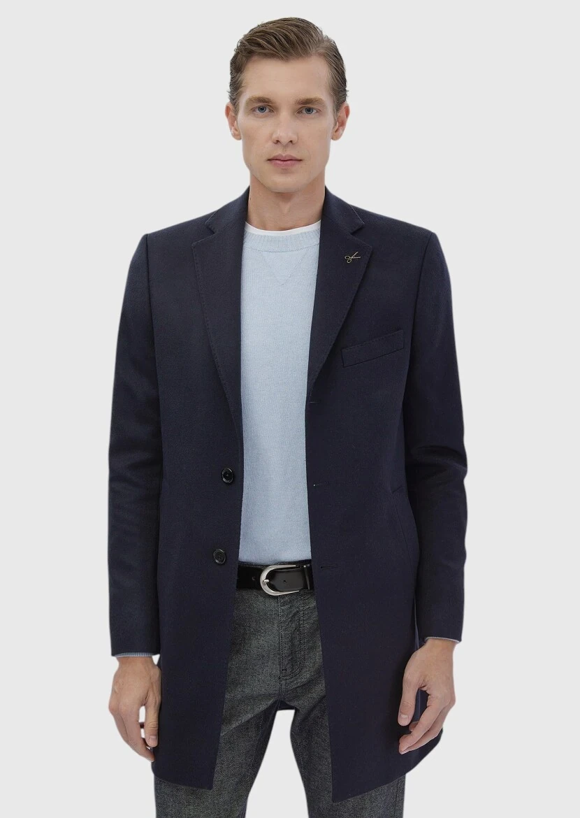 Lacivert Regular Fit Kelebek Yaka Klasik Dokuma Palto - 5