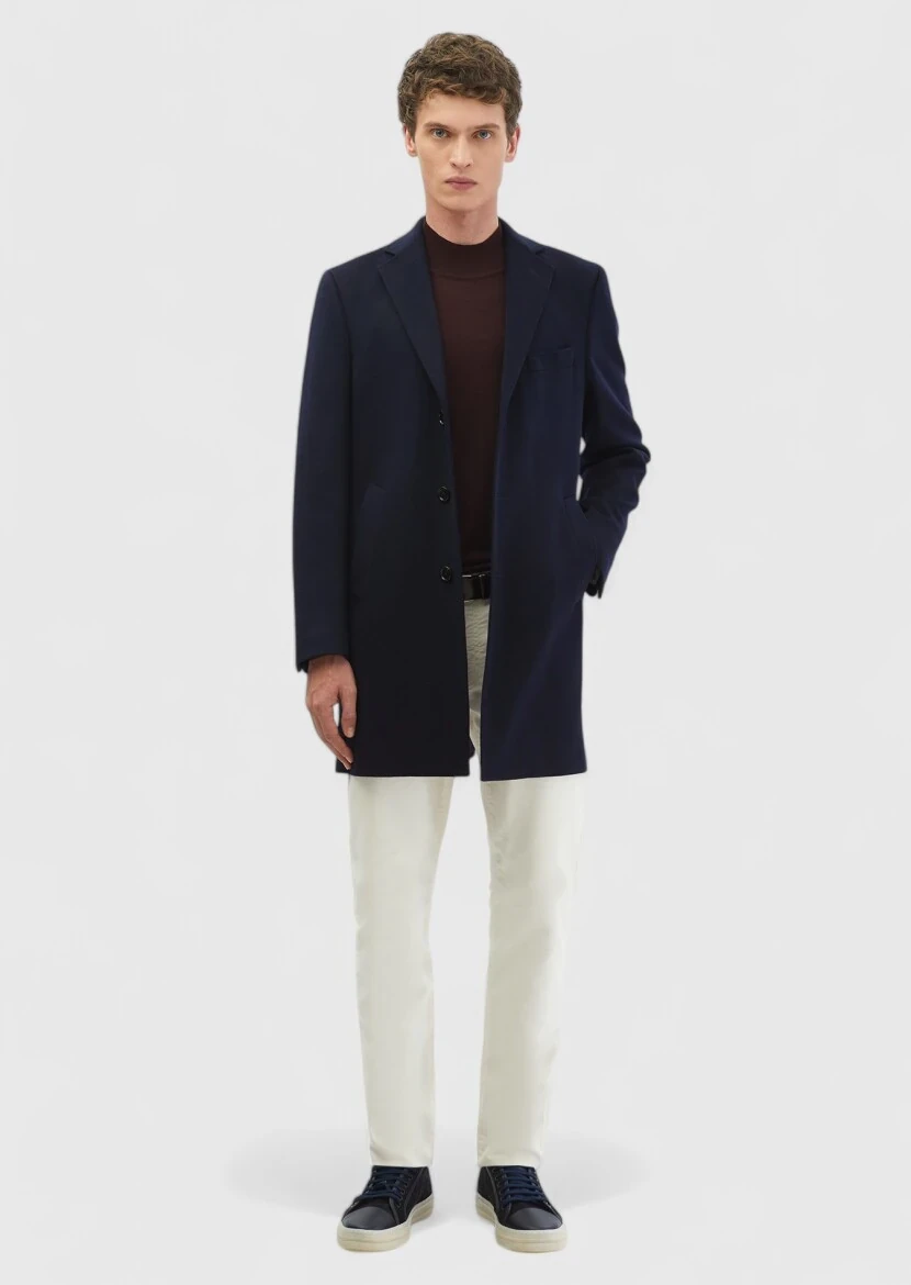 Lacivert Regular Fit Kelebek Yaka Klasik Dokuma Palto 
