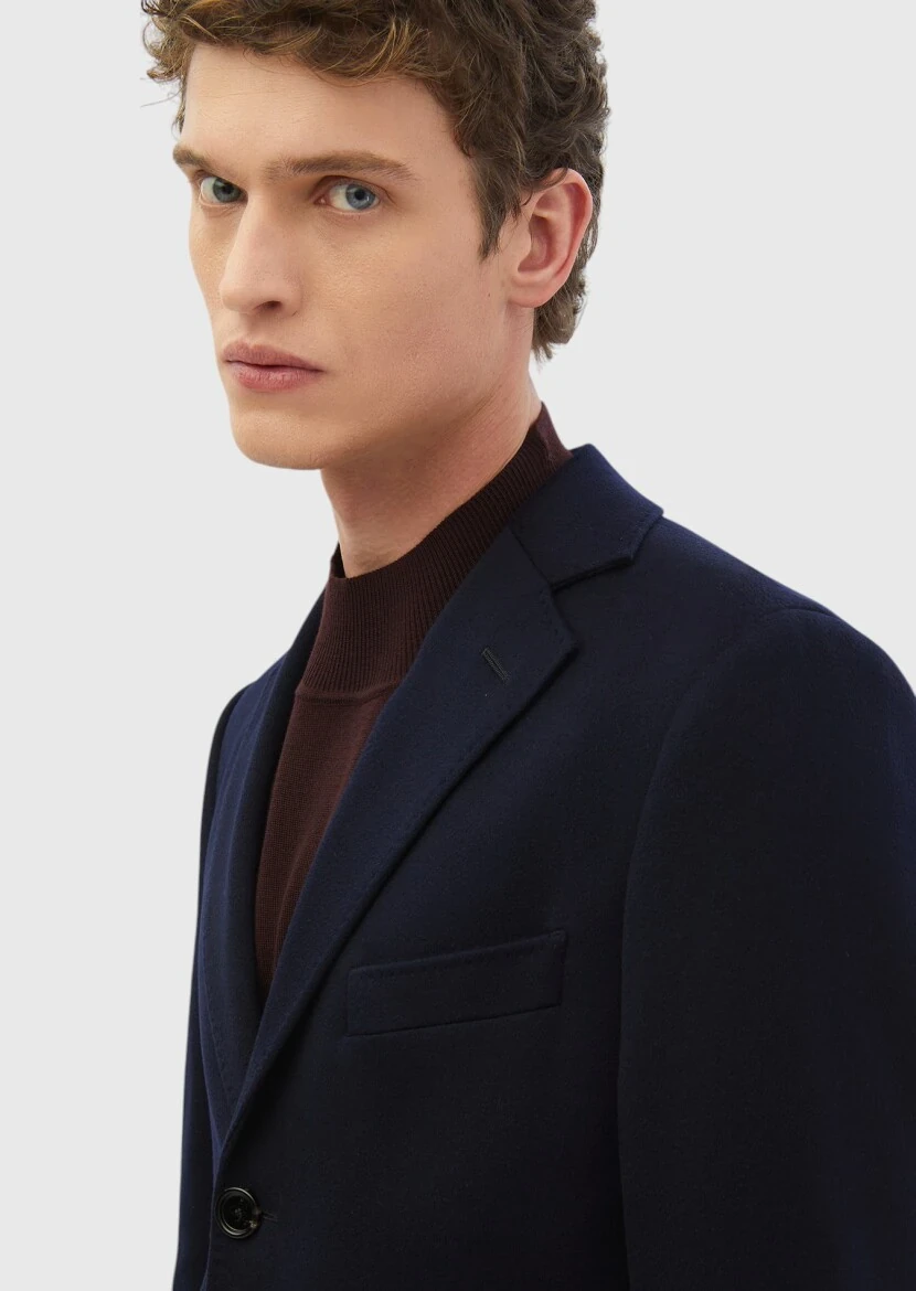 Lacivert Regular Fit Kelebek Yaka Klasik Dokuma Palto - 5