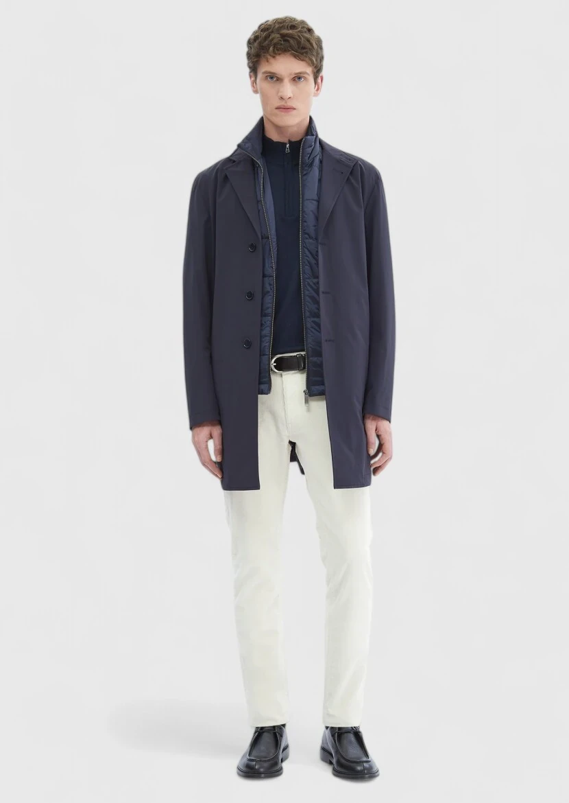 Lacivert Regular Fit Kruvaze Yaka Casual Dokuma Pardesü - RAMSEY