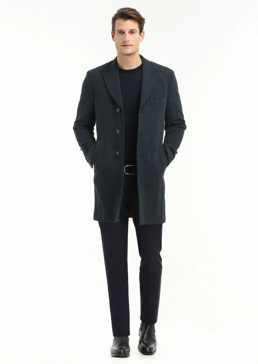 Lacivert Regular Fit Kruvaze Yaka Casual Örme Palto - 1