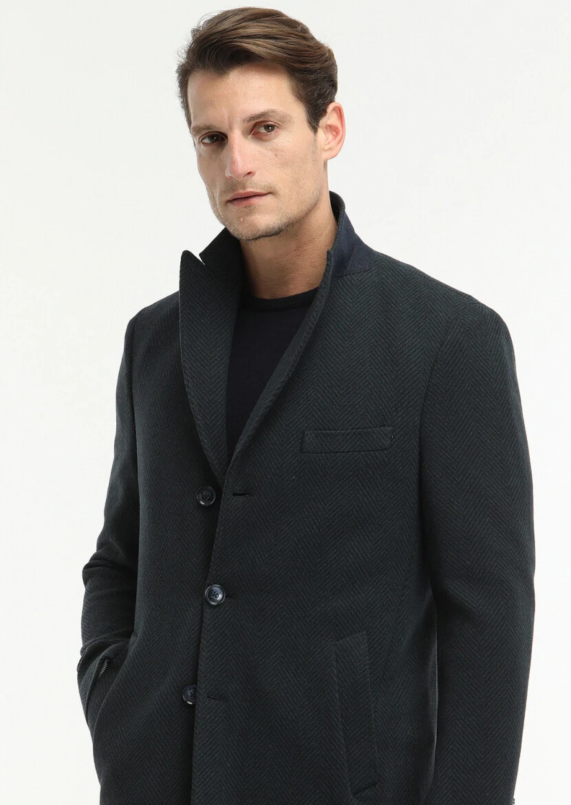 Lacivert Regular Fit Kruvaze Yaka Casual Örme Palto - 3