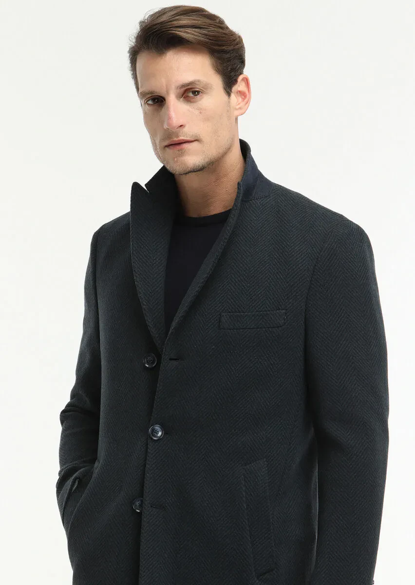 Lacivert Regular Fit Kruvaze Yaka Casual Örme Palto - 3