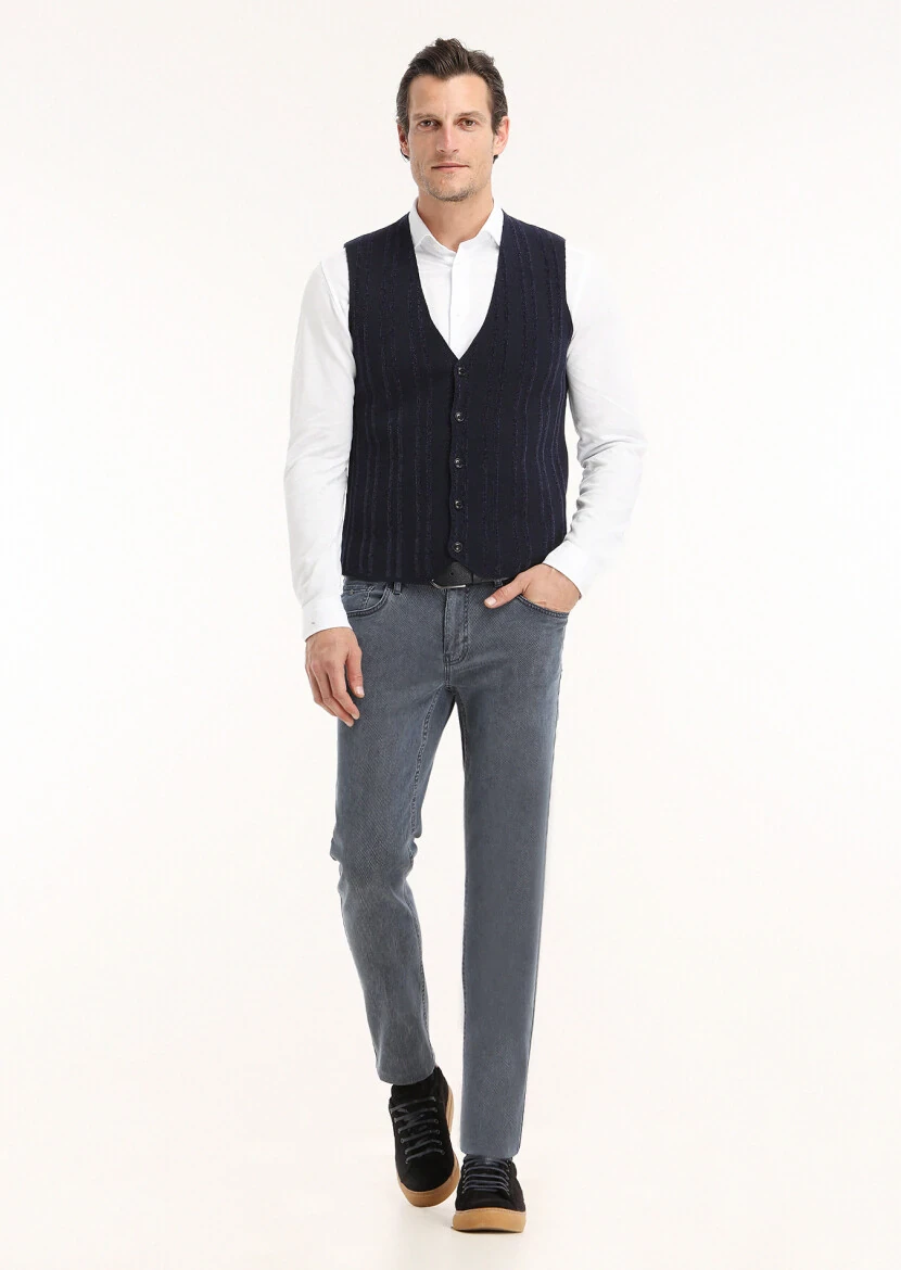 Lacivert Regular Fit V Yaka Casual Örme Triko Yelek - 1