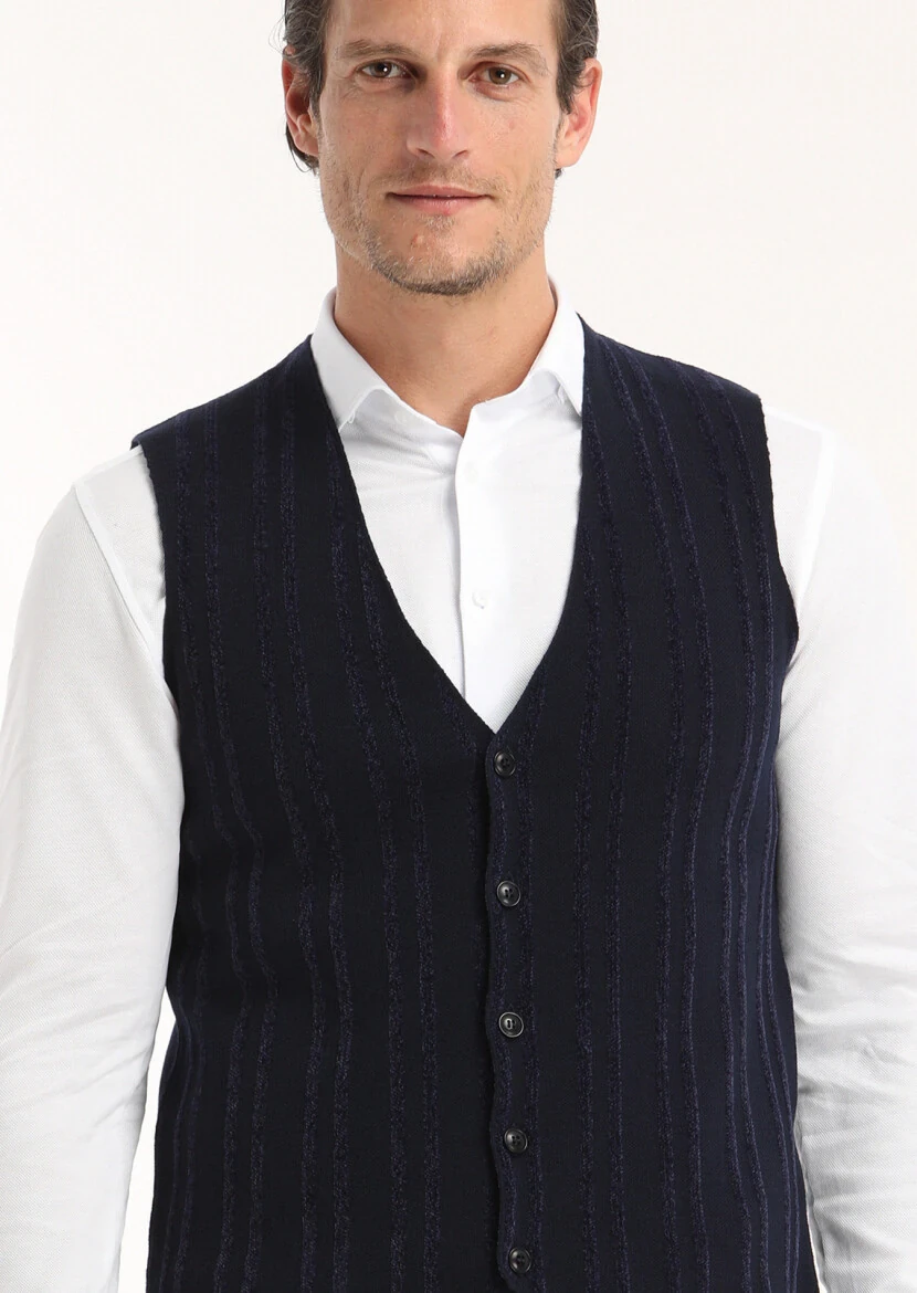 Lacivert Regular Fit V Yaka Casual Örme Triko Yelek - 3