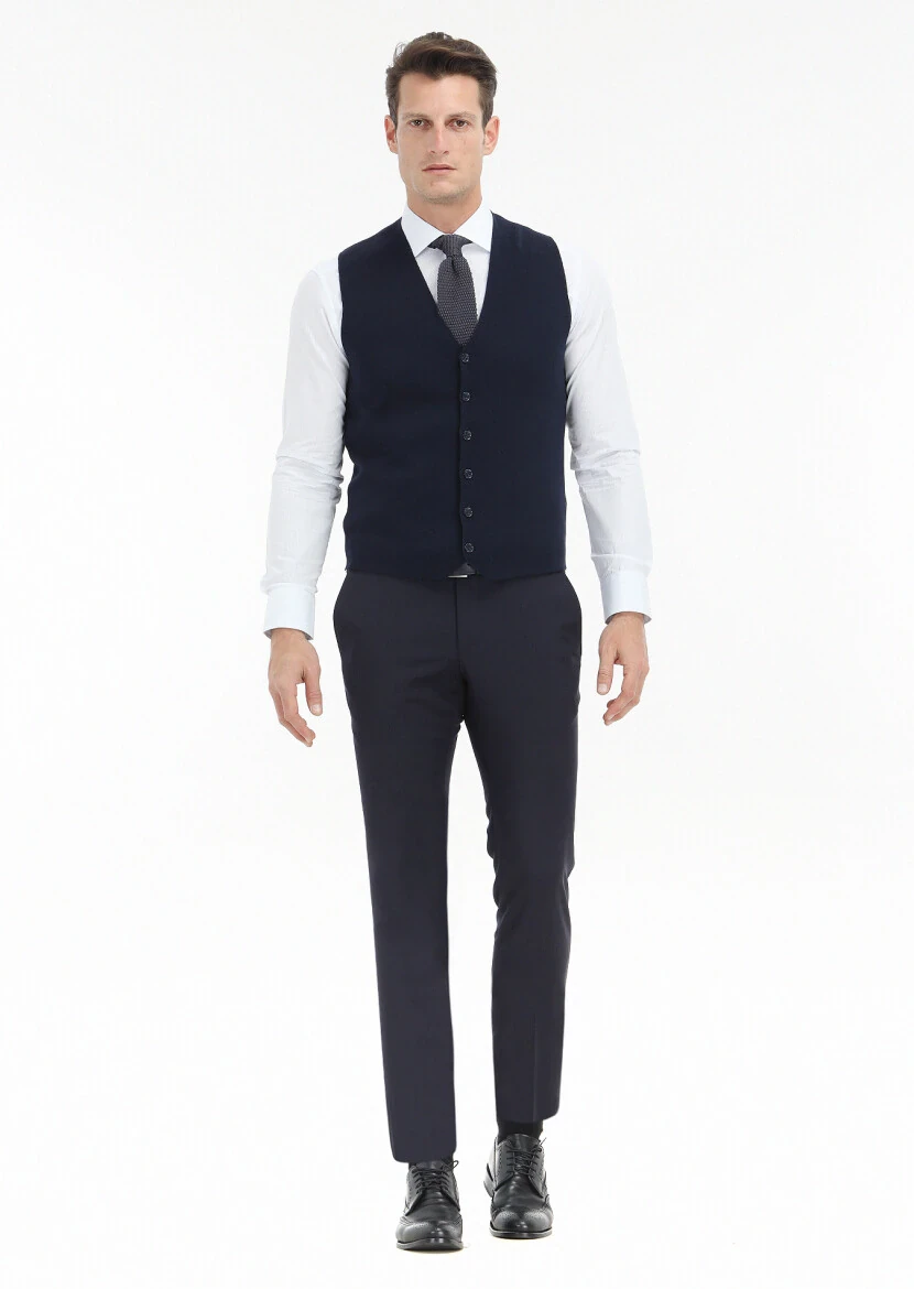 Lacivert Regular Fit V Yaka Casual Örme Triko Yelek - 2