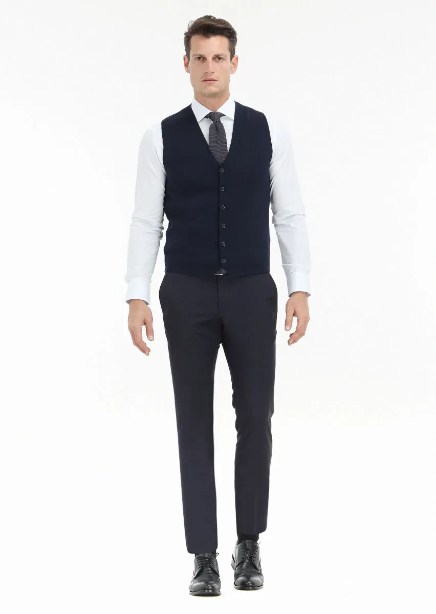 Lacivert Regular Fit V Yaka Casual Örme Triko Yelek - 2