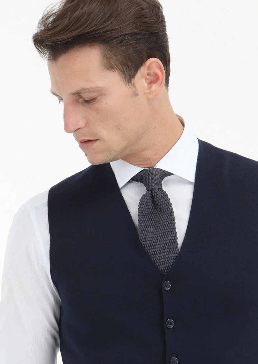 Lacivert Regular Fit V Yaka Casual Örme Triko Yelek - 3