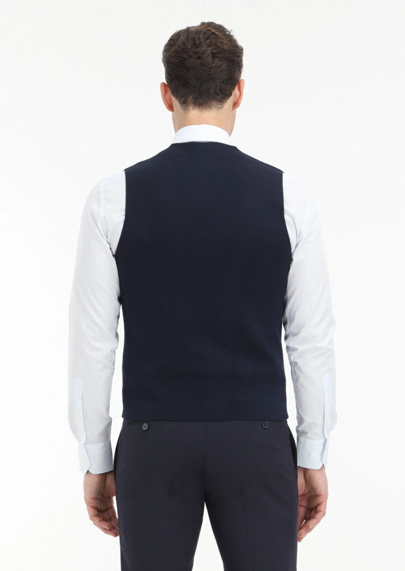 Lacivert Regular Fit V Yaka Casual Örme Triko Yelek - 4