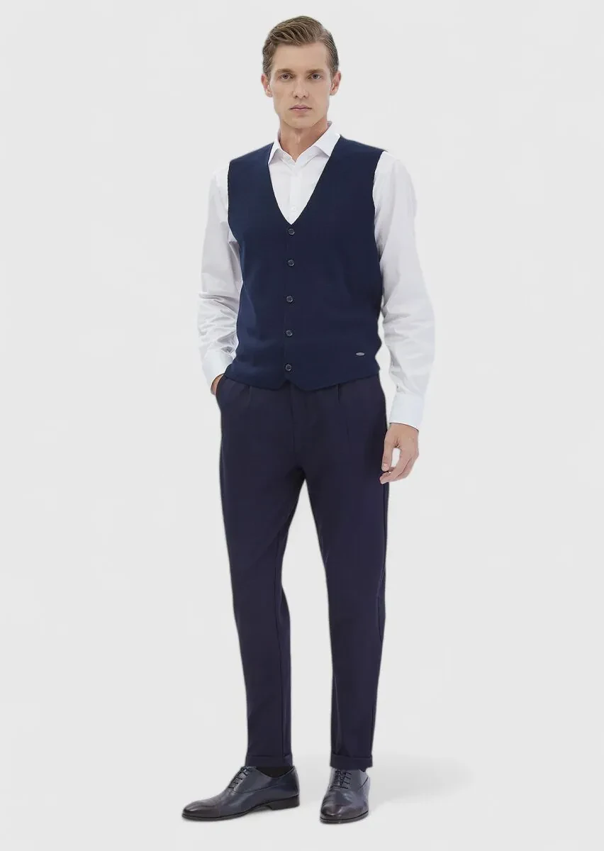 Lacivert Regular Fit V Yaka Casual Örme Triko Yelek - 2