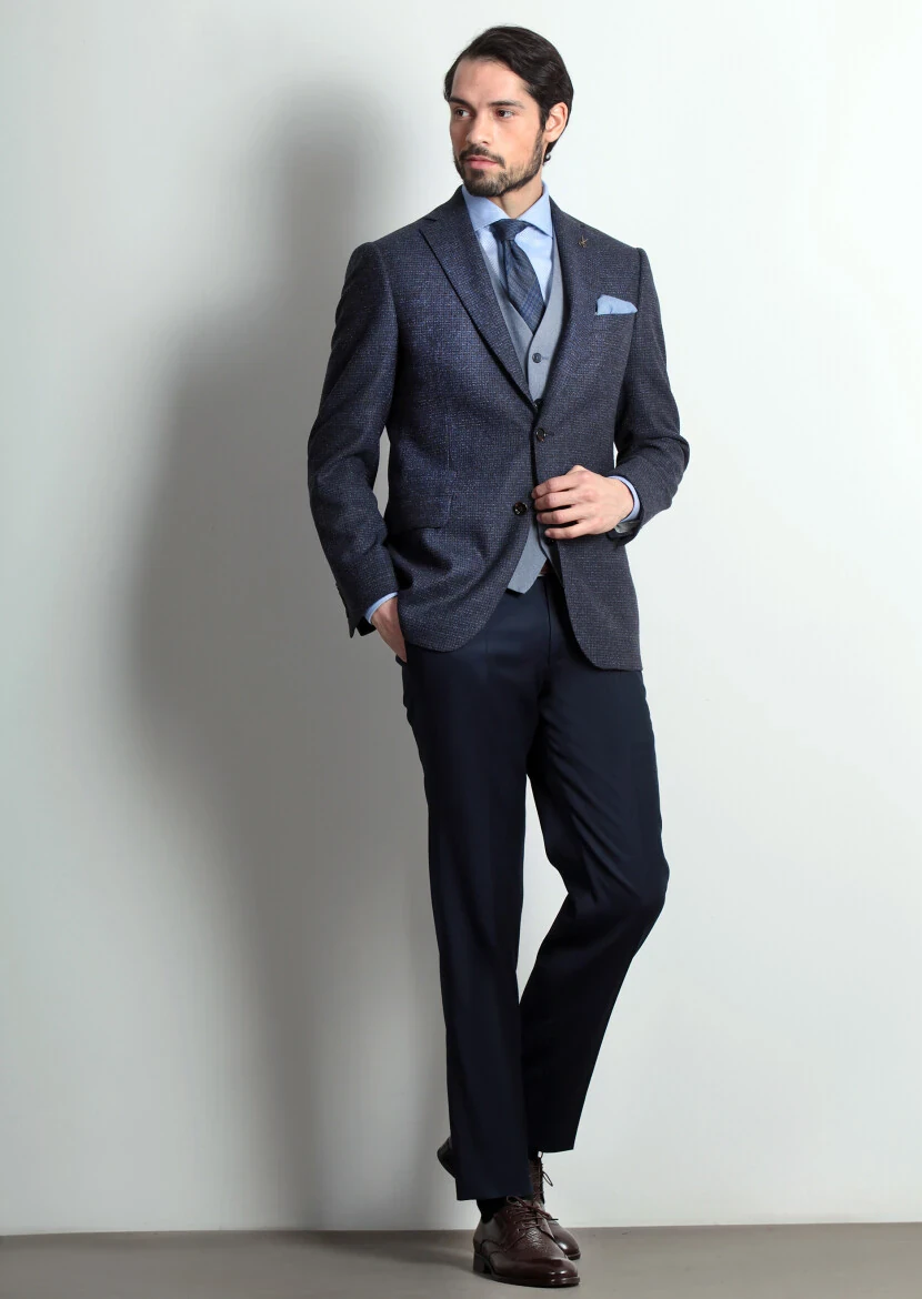 Lacivert Regular Fit Yün Karışımlı Ceket - 1