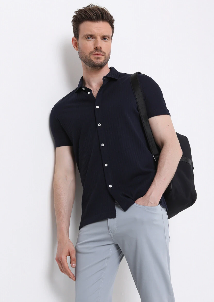 Lacivert Slim Fit Casual %100 Pamuk Gömlek - 1