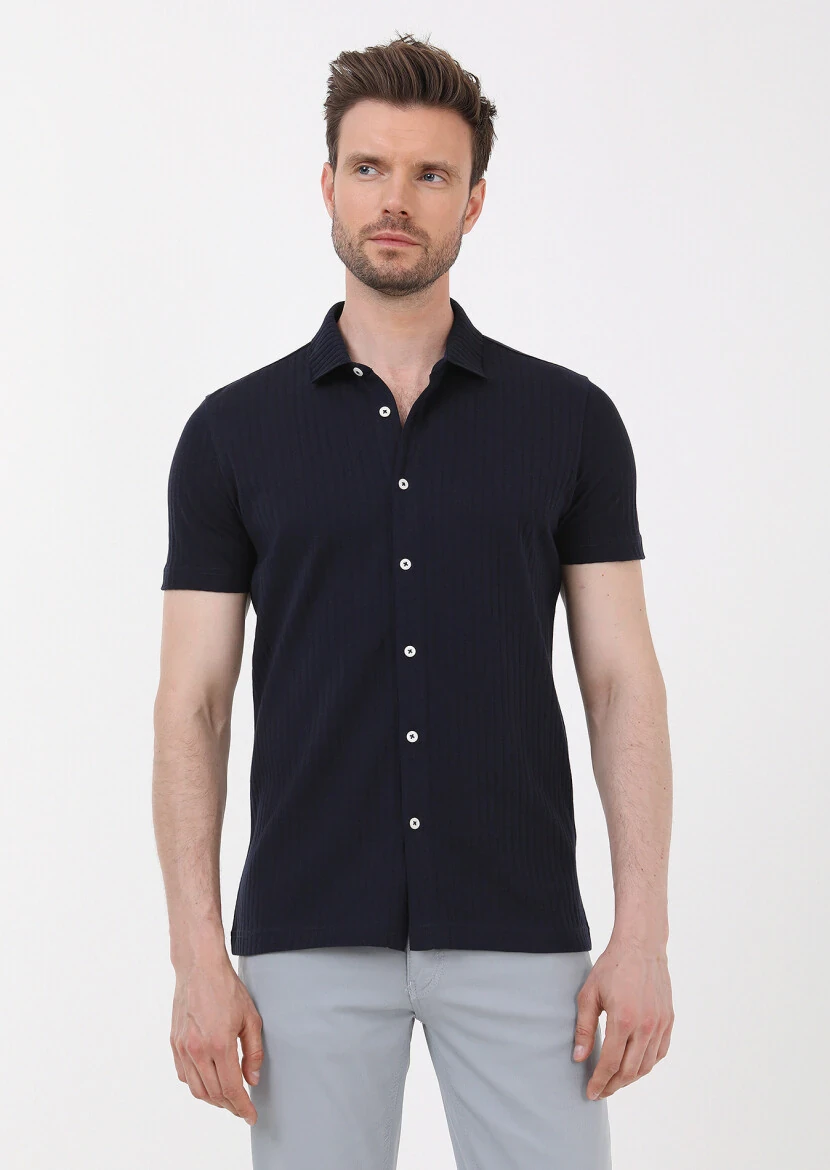 Lacivert Slim Fit Casual %100 Pamuk Gömlek 